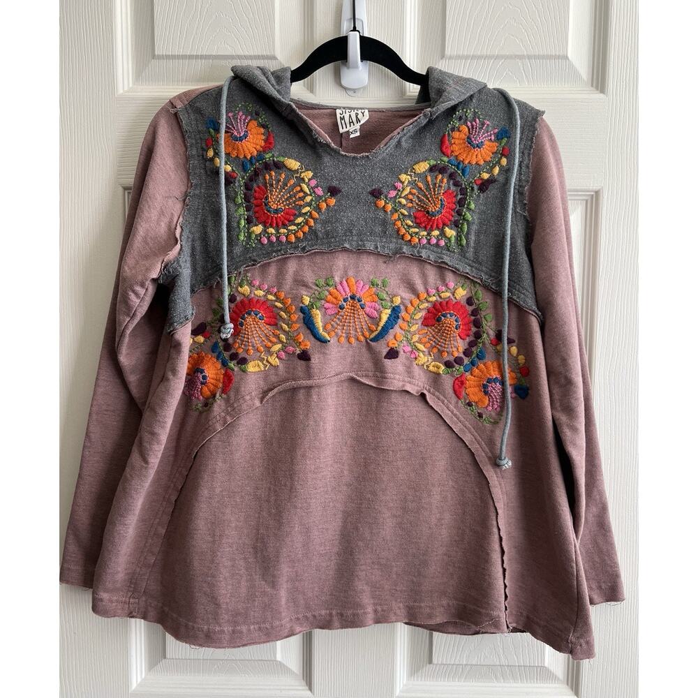 SISTER MARY Floral Embroidered Distressed Colorblock LS Hoodie Pullover Top XS
